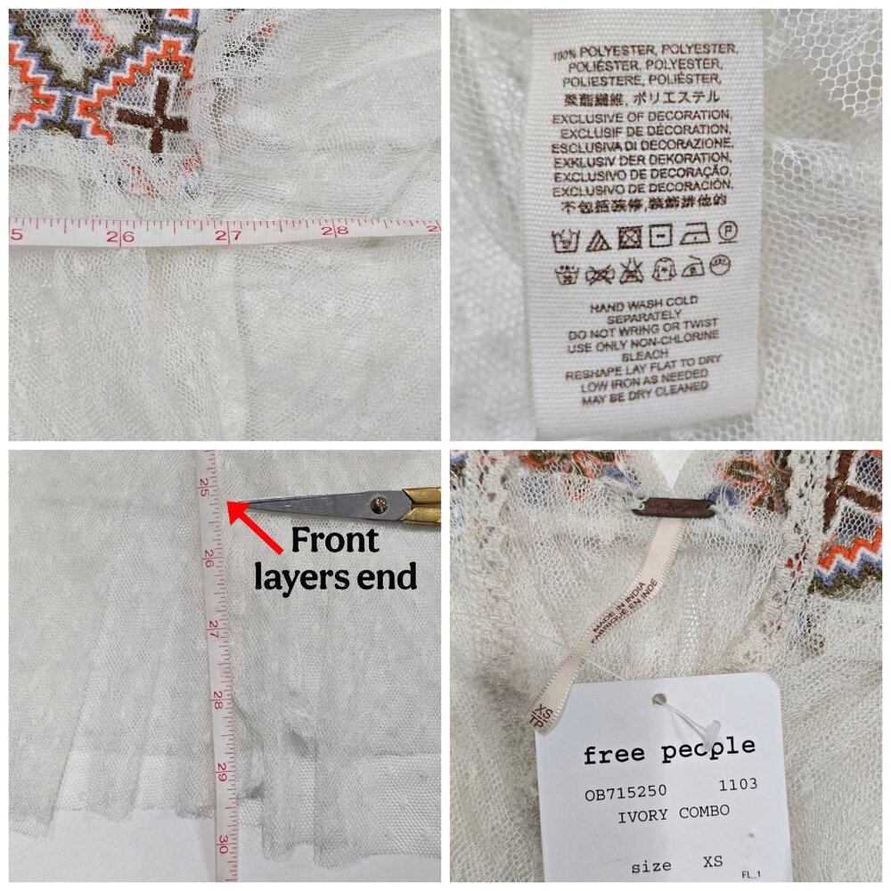 Free People ✦ Boho Tunic Top ✦ Ivory Combo Swiss Dot Embroidered Sheer XS NWT - Picture 10 of 13